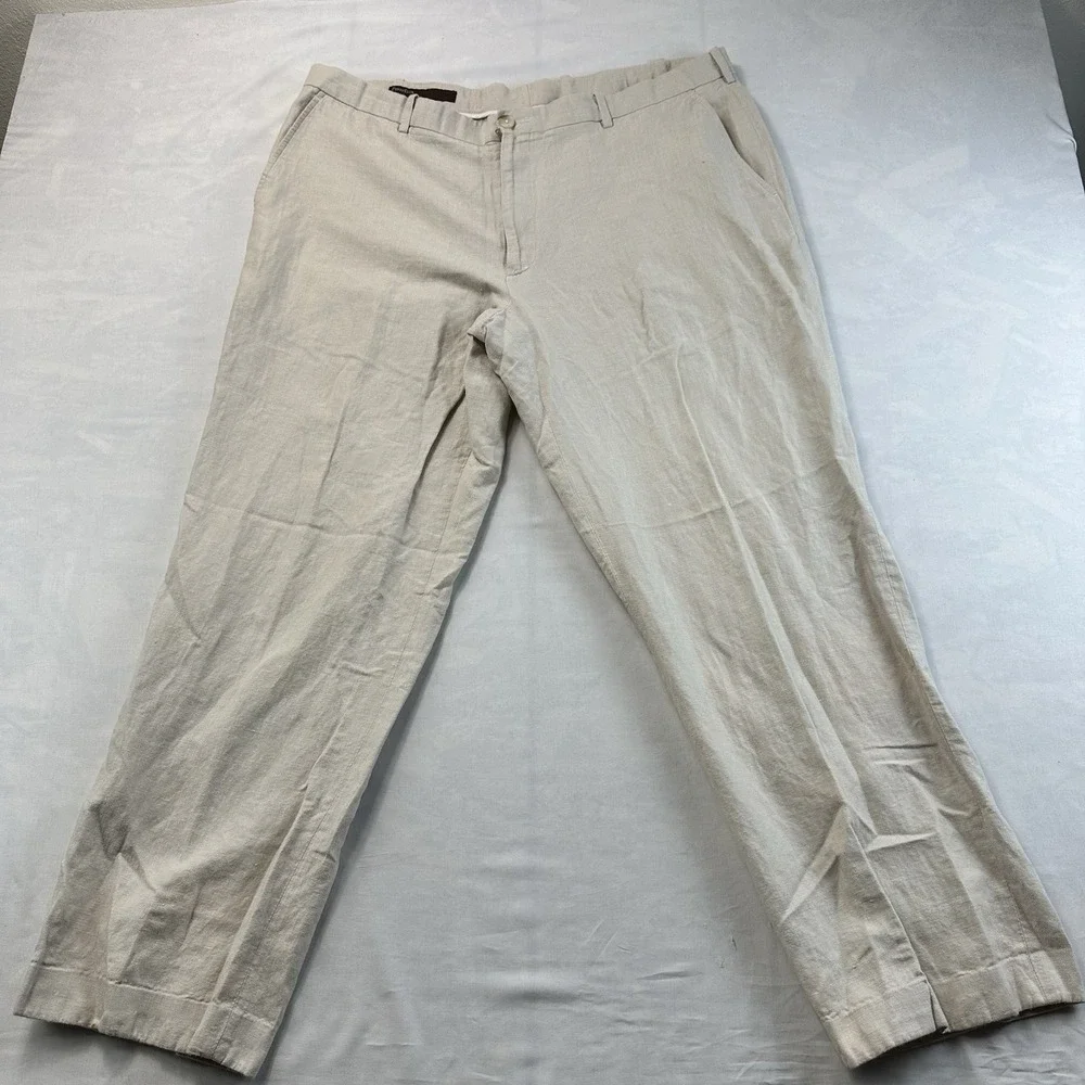 Perry Ellis Linen Blend Classic Fit Pants Men's 40x32 Beige Flat Front Casual